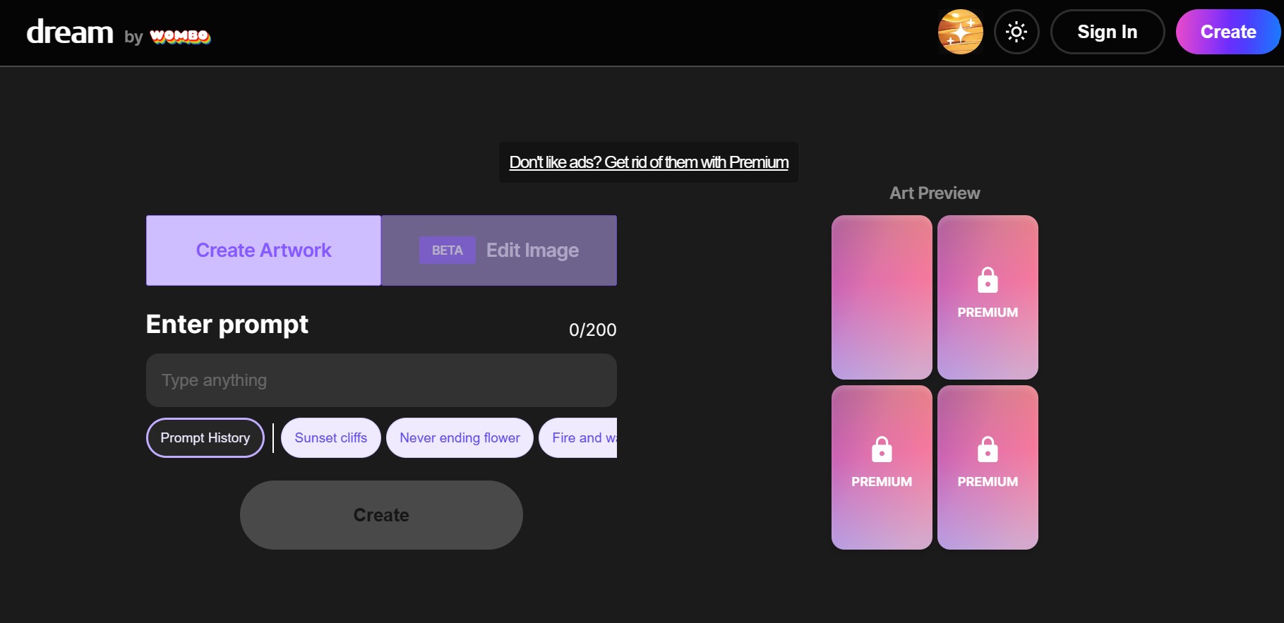 The workspace in Dream by WOMBO 